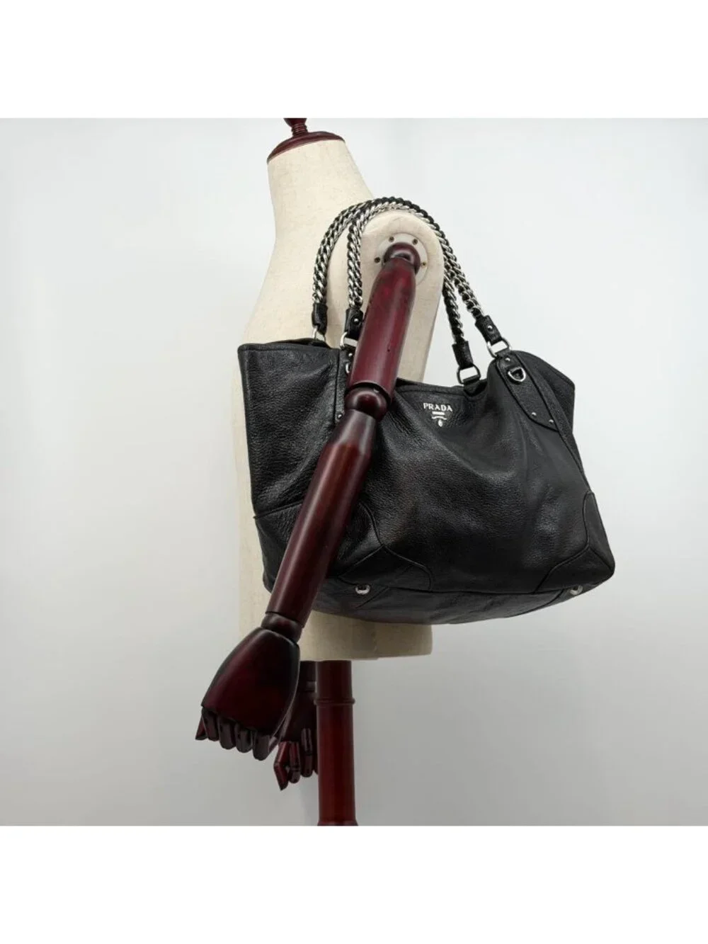 Prada Vitello Daino Leather Chain Hobo Handbag Triangle